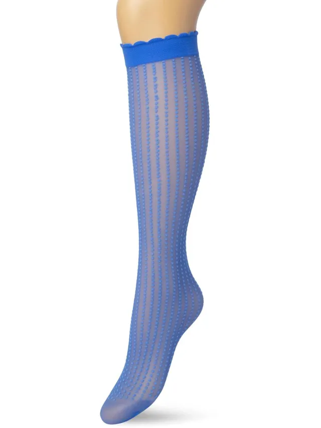 Bonnie Doon Dames Panty Kniekousen met Stippen Blauw - Gestipte Knie Kousen - Luxe Knie Sokken - Uitstekend draagcomfort - Batik Dots Knee High - Kniesokken - Stipjes - Zakt niet af - Victoria Blue - BP211501.386