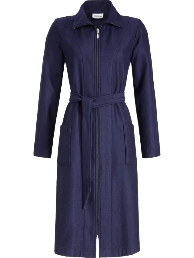 Ringella Nachtblauwe badstof dames badjas ritssluiting - Blauw - Maat - 40