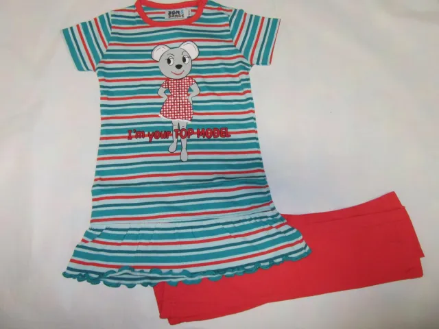 Wiplala Jen & James - Zomer pyjama - Meisje - Streep, muis - 4 jaar 104 groen , rood