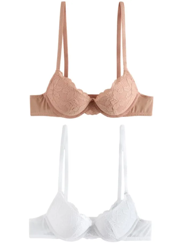 Next Dames - Set van 2 push-up beha's met lage decolleté en kant - Huidkleur Praline Nude/White