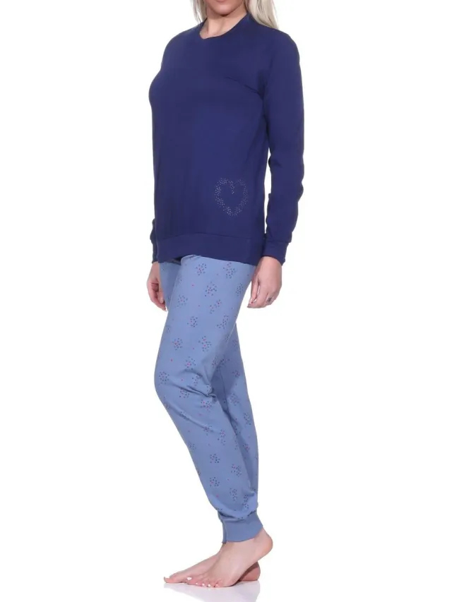 Normann dames pyjama met lange mouwen, manchetten en hartjesmotief navy