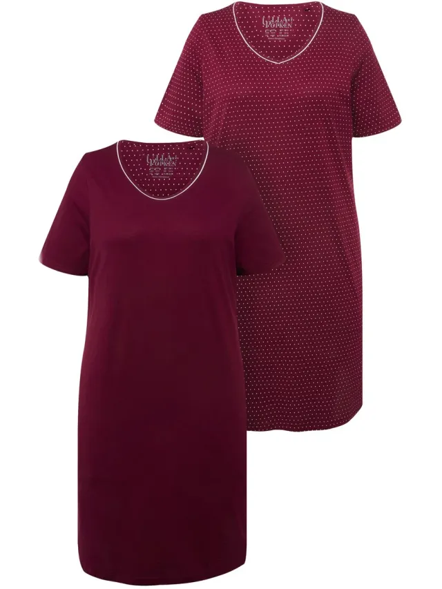Ulla Popken Dames - Bigshirts set van 2 ronde hals/V-hals korte mouw - Wijnrood - Maat 54+