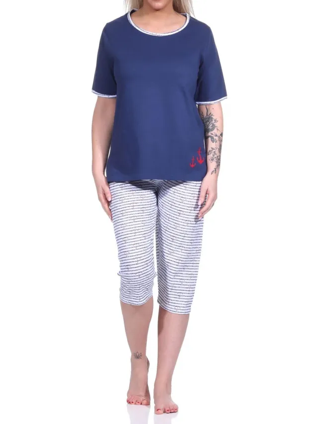 Normann Capri pyjama korte mouw, dames pyjama met 3/4 broek in maritieme look - 123 151 navy