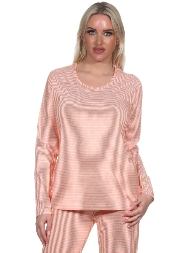 Normann Dames Pyjama Shirt Lange Mouw Pyjama Top Mix & Match in Stripe Optiek orange