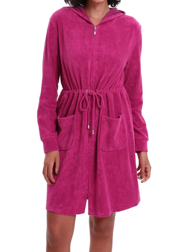 Ibenzoa Comfortabele damesbadjas met capuchon, ritssluiting en verstelbare taille voor perfecte pasvorm roze