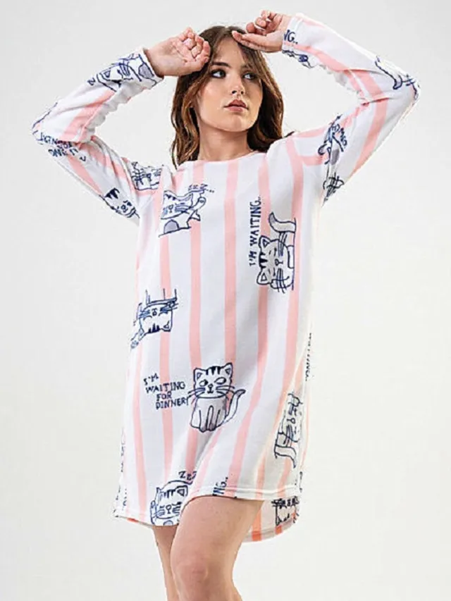 Vienetta Schattig fleece nachthemd met katten van Vienetta Roze