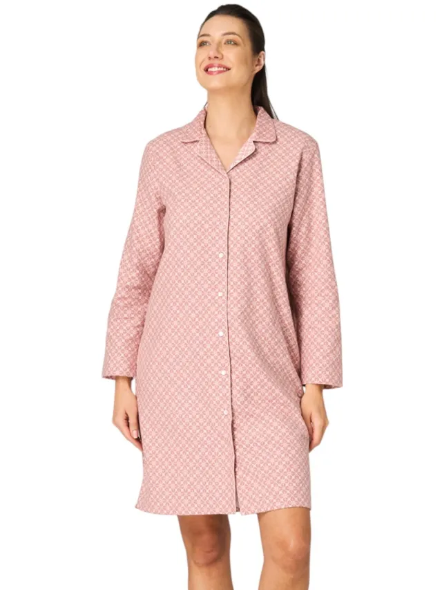 Key Flanellen Nachthemd Dames Doorknoopmodel Lange Mouw Kaneel Etnoprint LND 743 42 / Abrikoos