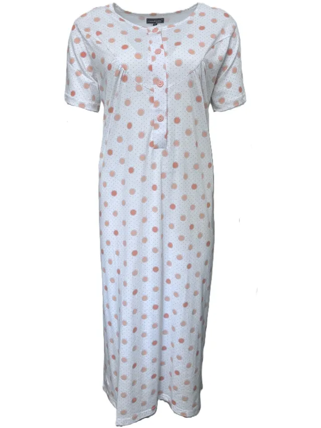 Cocodream Quality Cocodream - Klassiek nachthemd dames - Korte mouw - Lang model - Wit met stippen