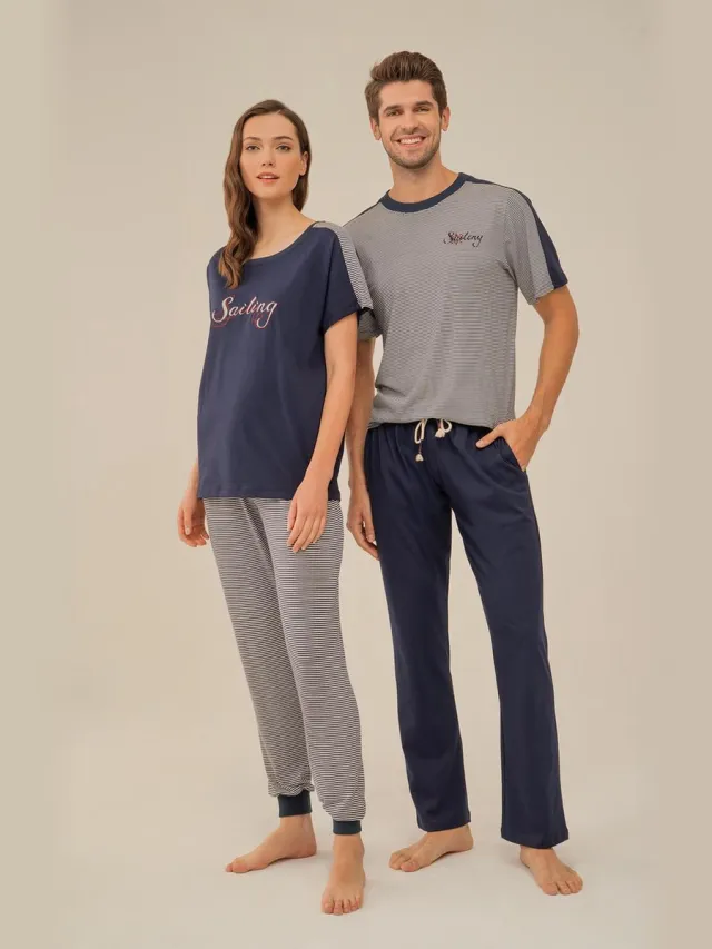 Feyza Bijpassende Pyjamas Voor Koppels, Dames Donkerblauw