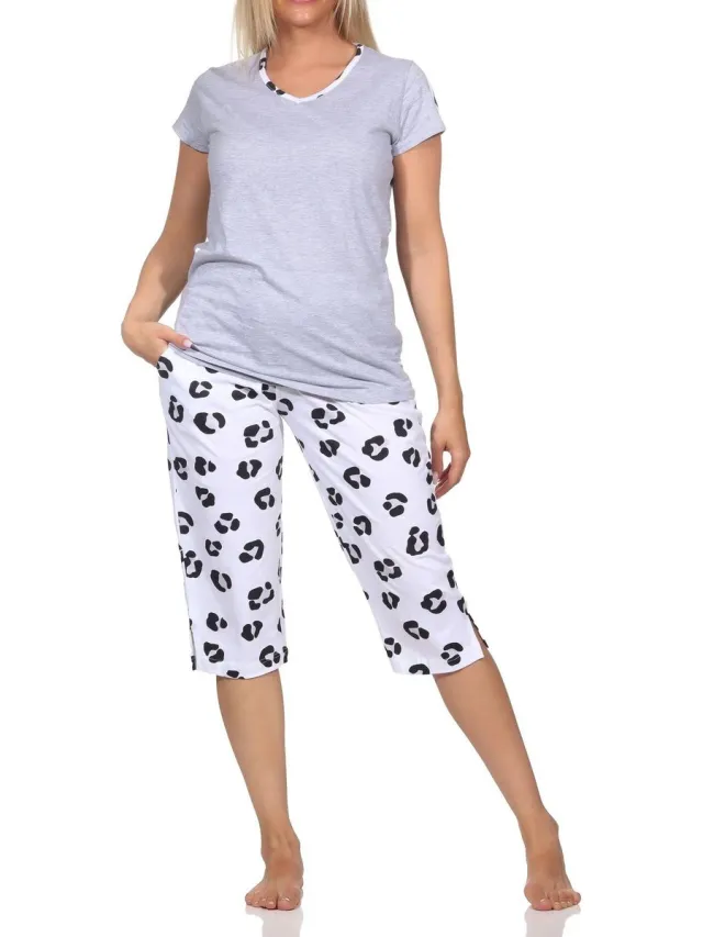 Normann dames capri pyjama shorty korte mouwen in zachte jersey met dierenmotief grau-mel.