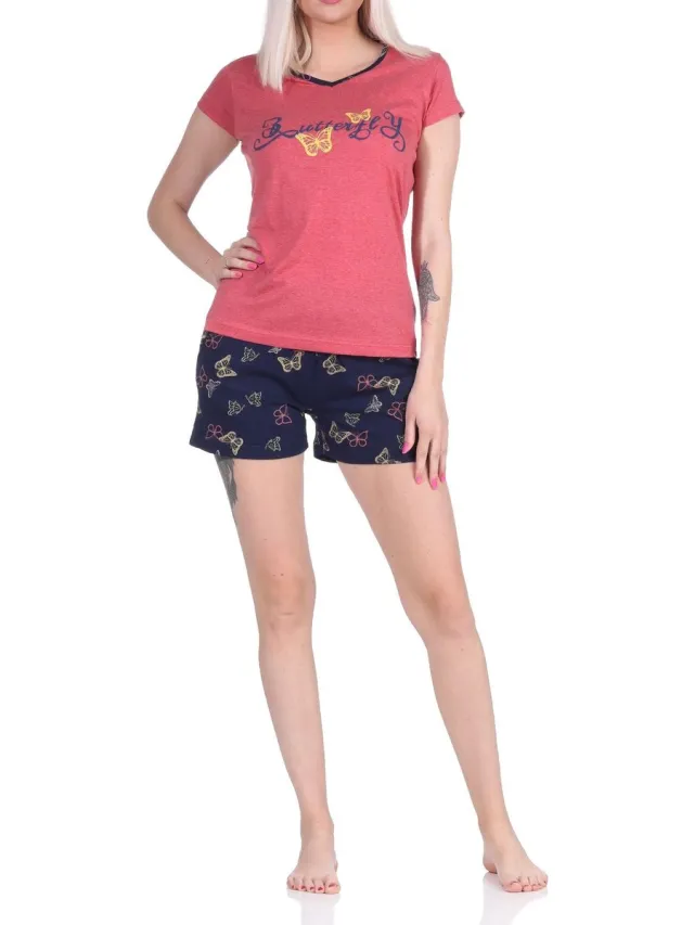 Normann Geweldige dames shorty pyjama met korte mouwen en vlindermotief - ook in overmaten rot