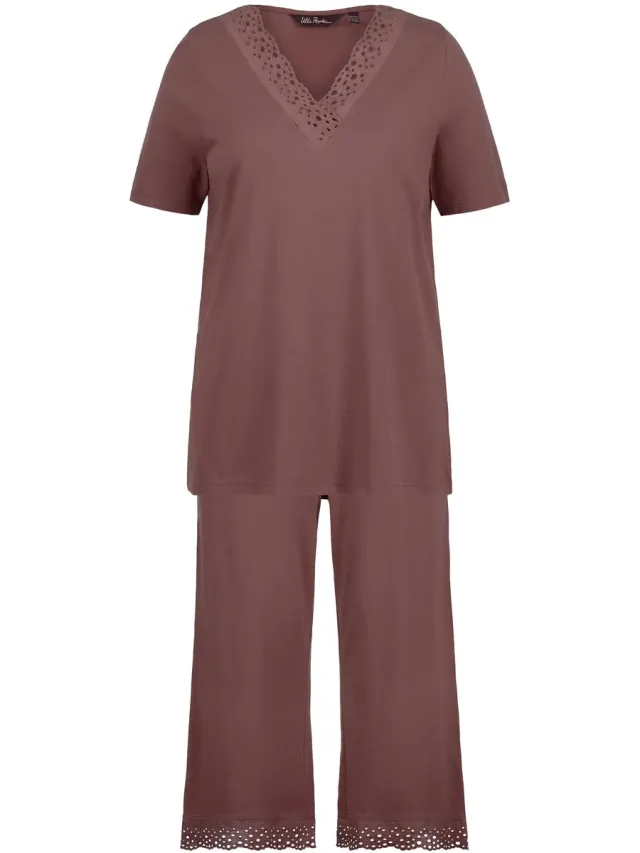 Ulla Popken Dames - Pyjama opengewerkt borduursel korte mouw modalmix - Aarde - Maat 58+