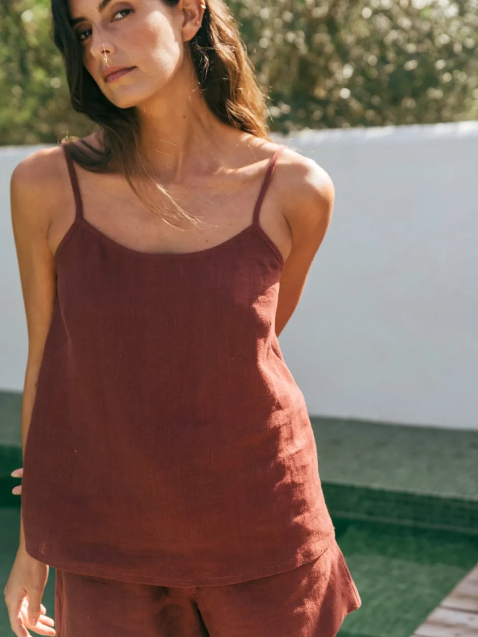 AmourLinen dames vegan Pyjamaset Night Owl Terracotta, foto 2