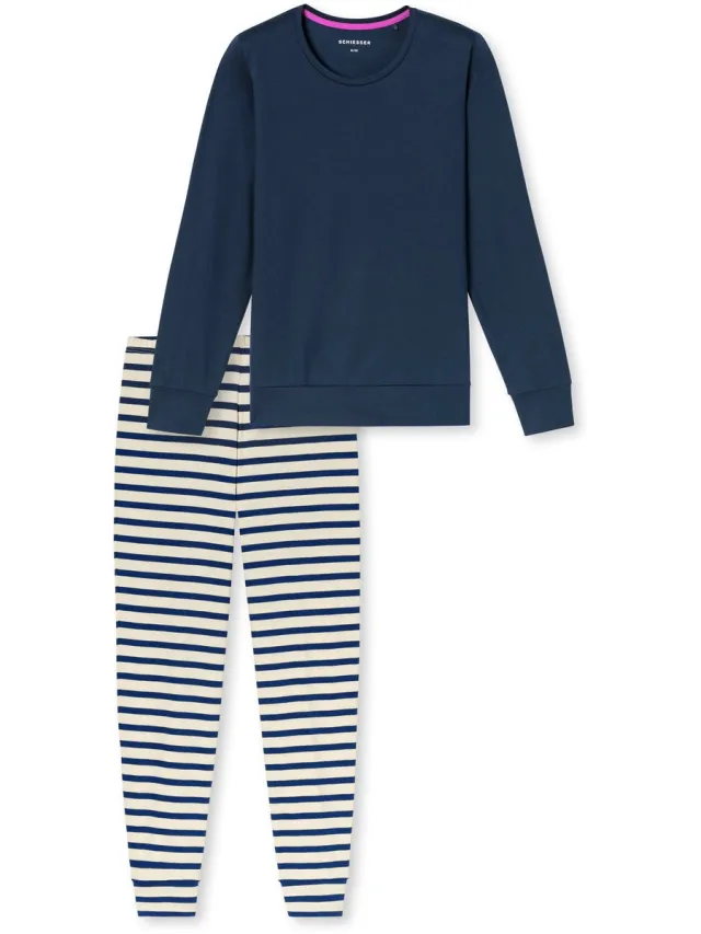Schiesser dames Casual Essentials lange pyjama met manchetten - deepblue dessin Blauw