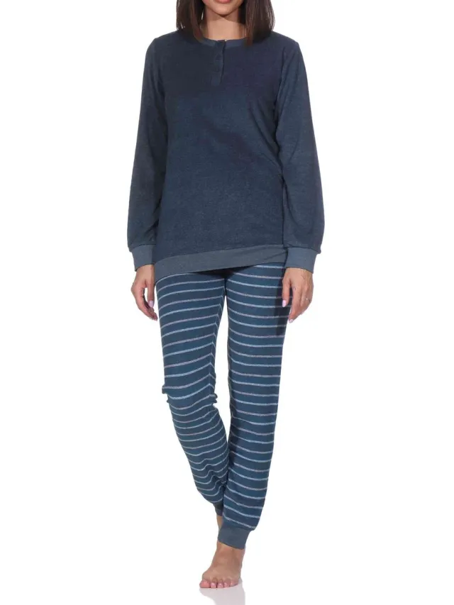 Normann Damespyjama in badstof met manchetten in een prachtig streepdesign - ook in overmaten jeansmelange