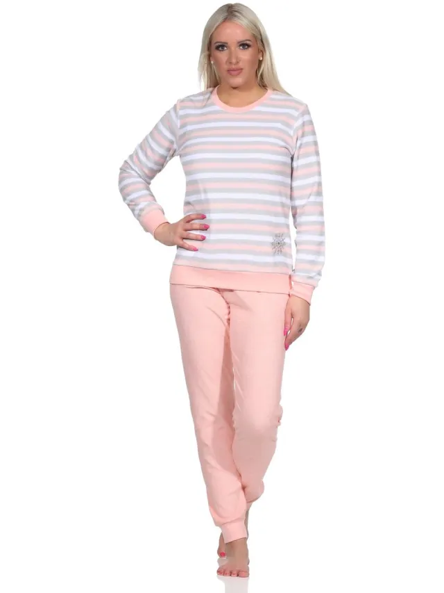 Normann Lange badstof damespyjama's, pyjama's met een gestreepte look en een ijskristalmotief rosa