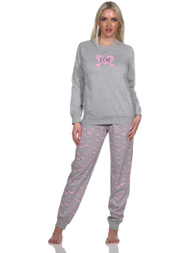 Normann Dames Lange Mouw Pyjama met Manchetten in Hartmotief Optiek - Ook in Oversizes grau-mel.