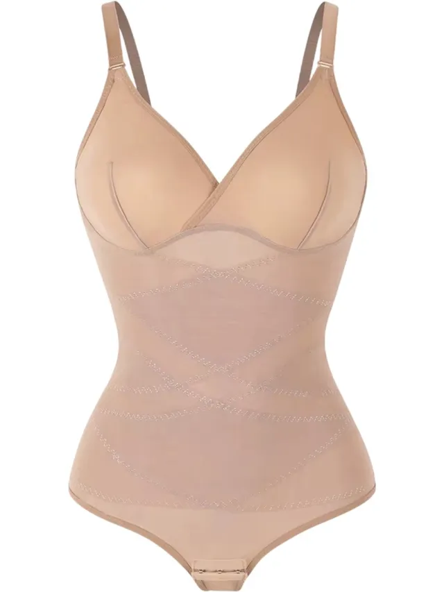 rimmo Dames corrigerende bodysuit buikcontrole shapewear – Full Body Shaper met V-hals, ademend mesh ondergoed & butt lifter - Beige