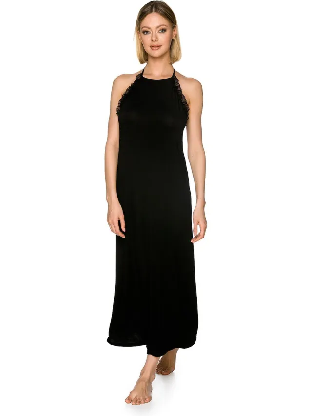 Coemi Dames Nachtjapon Sienna-Lang-Zacht MicroModal-Verleidelijk Open Rug Design-Striksluiting-Zwart