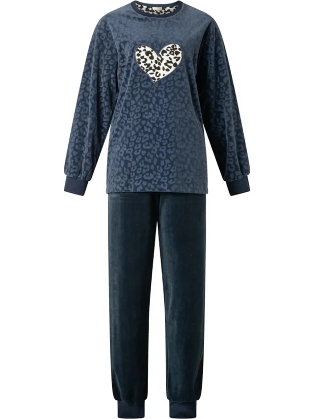 Lunatex dames pyjama velours - Panter all-over - hart zwart Marine, zwart hart