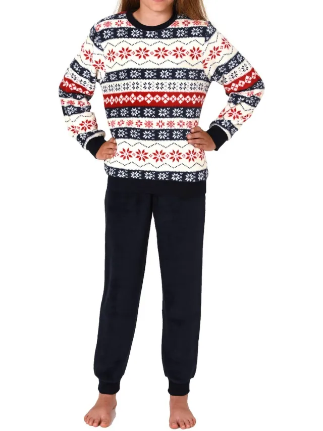 Normann Unisex-kinderpyjama met lange mouwen en manchetten in Noorse look in koraalfleece rosa