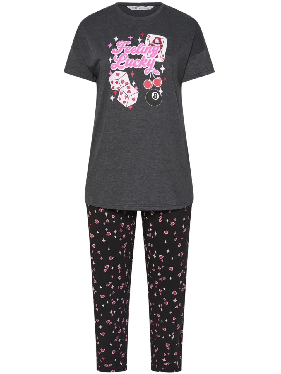 Yours Grey 'Feeling Lucky' Slogan Wijde Pijpen Pyjama Set-60, foto 2