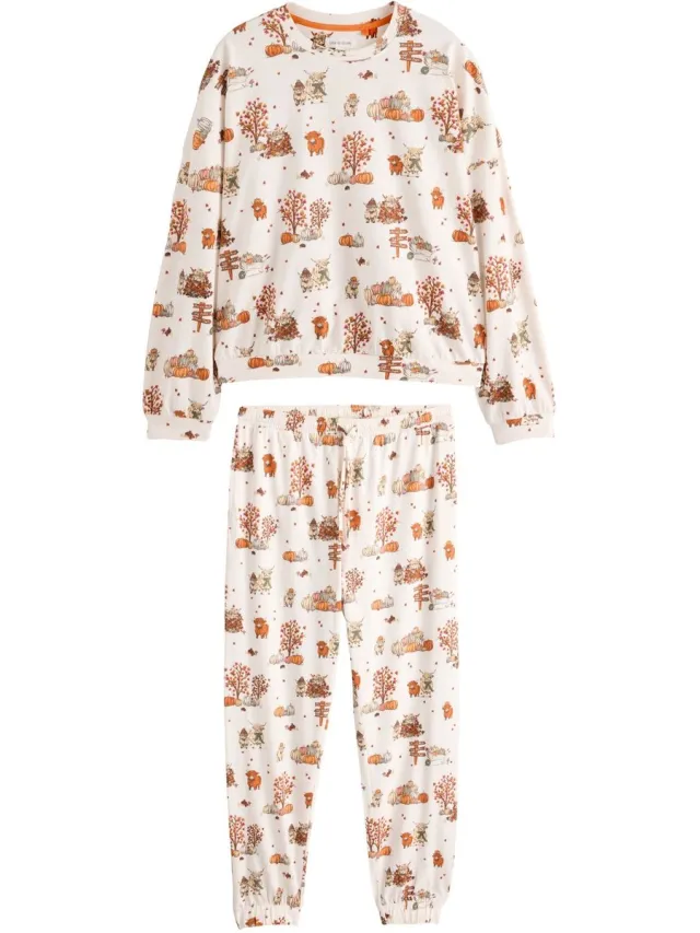 Next Dames - Pyjama met lange mouwen - Wit Cream Autumnal Hamish The Highland Cow