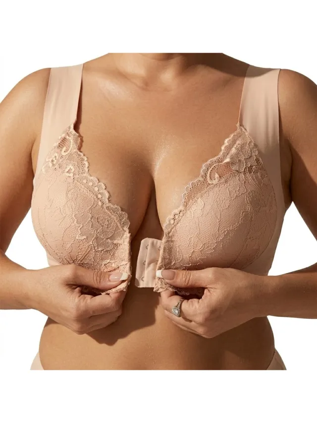 NUVEX Licht beige kanten bh dames maat L – draadloze naadloze bralette met diepe V hals en voorsluiting – ondersteunende lingerie bh met brede banden en kanten details