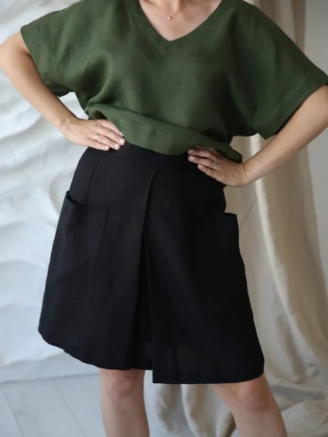 Amber Linen dames vegan Wikkelrok Japan Zwart