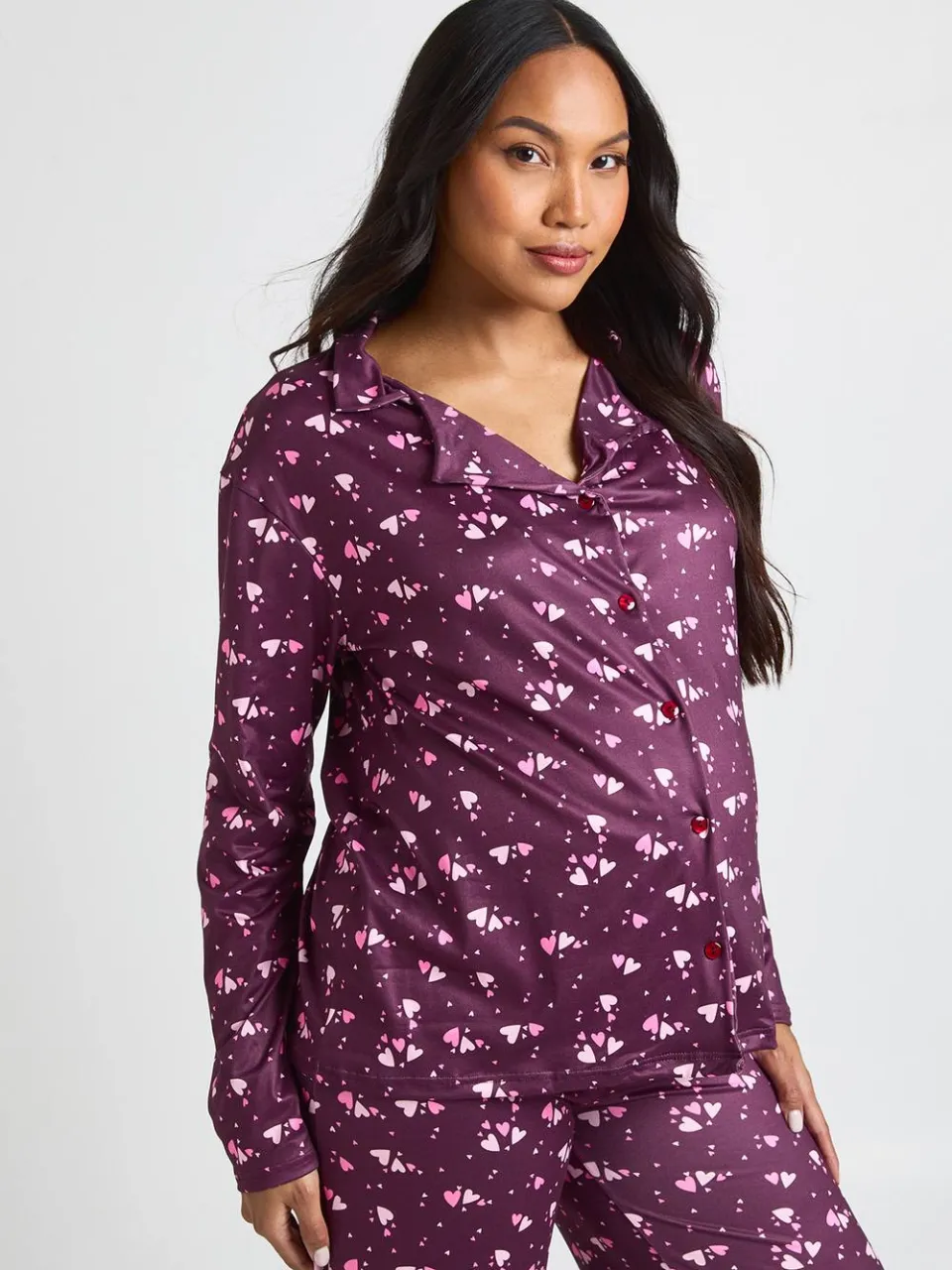 boohoo Dames Zwangerschaps Pyjama Set Met Hartjesprint Shirt Met Lange Mouwen & Broek bordeaux rood, foto 4