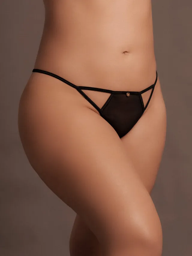 Le Désir by Shots Julie - Elastische Net Thong met Open Kruis, Verstelbare Sliders en Gouden Details - Plus Size