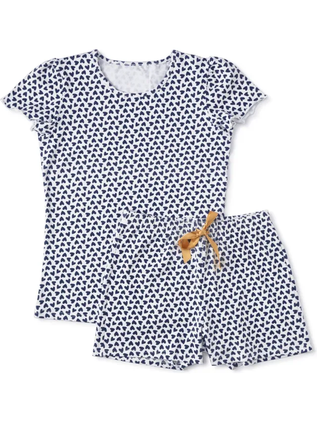 Little Label Pyjama Dames Maat - blauw, wit - Zachte BIO Katoen - Shortama - 2-delige zomer pyama dames - Hartjes