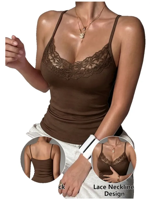 Currero Top Met Kant Dames - Topje - Kleding - Shirt - Blouse - Kort - Volwassen - Bruin