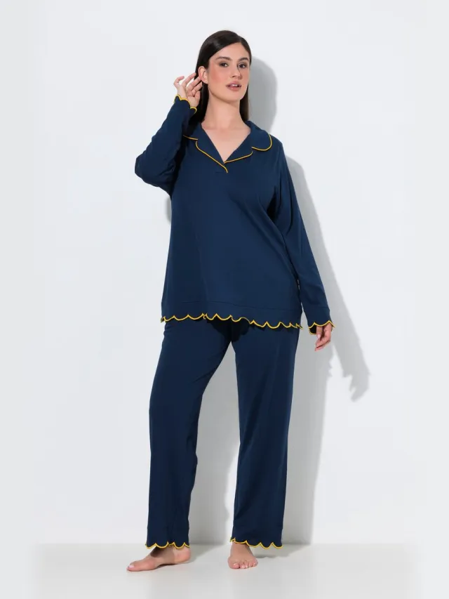 Ulla Popken Dames - Pyjama sierpaspels reverskraag lange mouwen modalmix - Nachtblauw - Maat 42+
