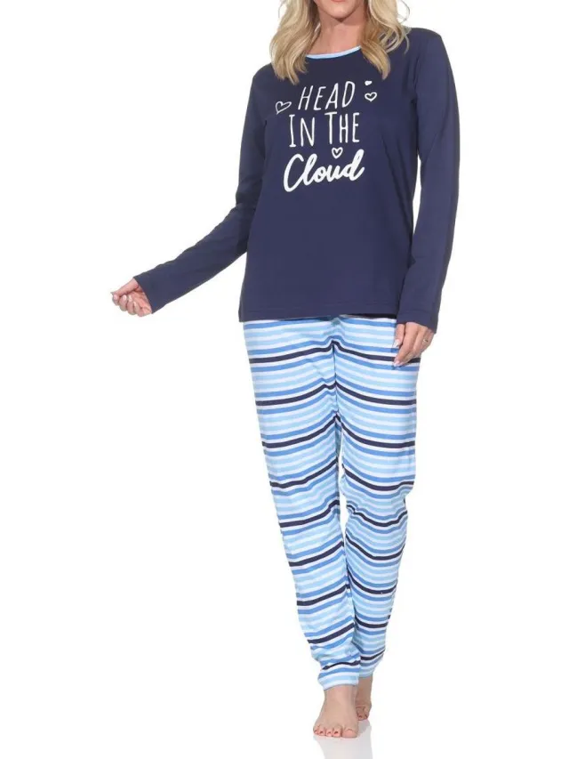 Normann dames lange pyjama in elegante strepenlook navy