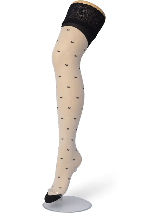 Bonnie Doon Dames Hold Up met Hartjes Print maat L/XL Off White - Brede Siliconen Band - Little Hearts Hold Up - Zakt niet af - Bies aan Achterkant - Panty zonder Broekje - Siliconenrand - Blijven Perfect Plakken - Panty Kousen - Ivory - BP201705.250