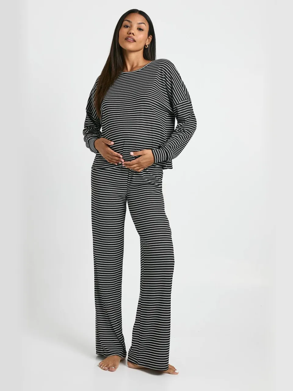 boohoo Dames Zwangerschapsloungewear gestreepte top met lange mouwen & broek pyjamaset zwart, foto 3