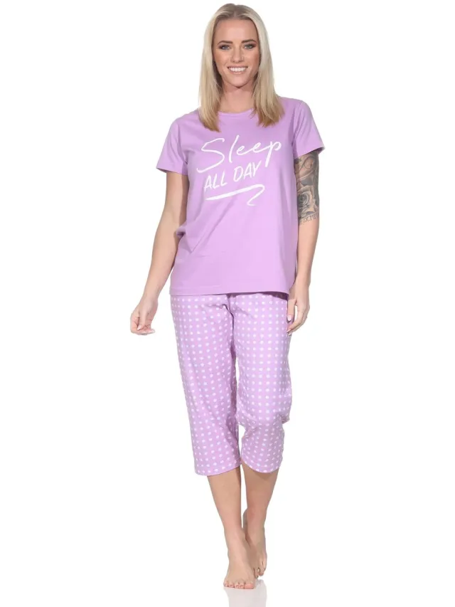 Normann dames pyjamaset met korte mouwen en Capri pyjamabroek in ruitjeslook lila