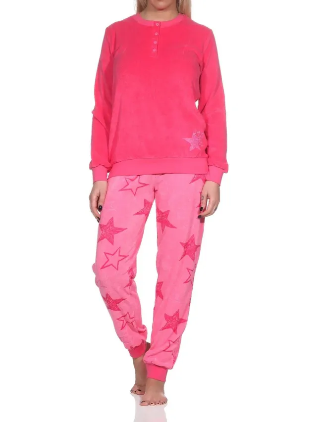 Normann dames badstof pyjama lange mouw met manchetten in steroptiek - ook in oversize pink