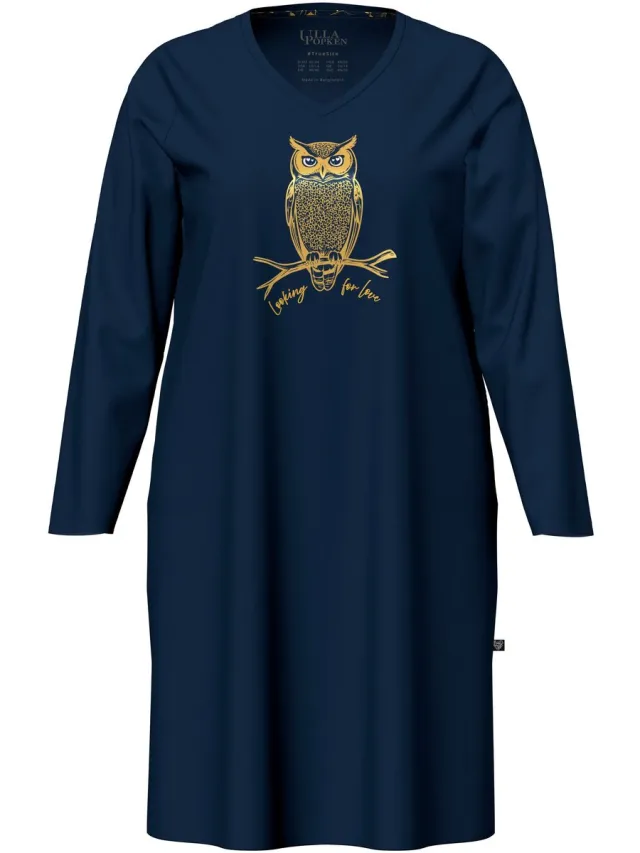 Ulla Popken Dames - Bigshirt uilen V-hals lange mouwen - Nachtblauw - Maat 46+