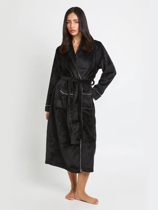 boohoo Dames Fleece Kamerjas Met Paspeldetail En Lange Lengte Zwart