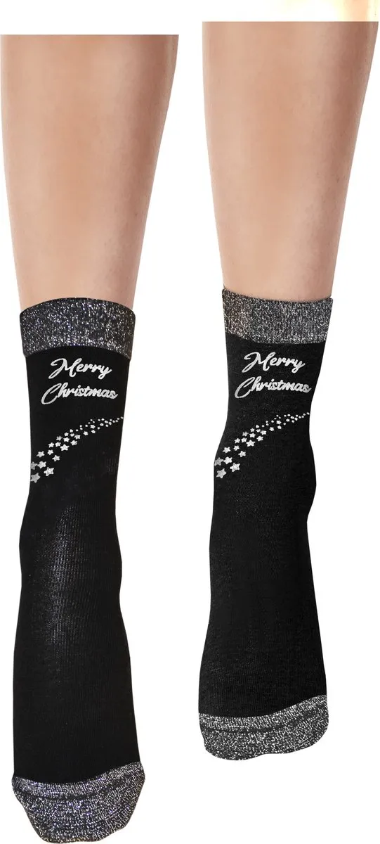Pretty Polly Sokken - Kerst - Christmas - Dames Kerst Sokken - Design - Merry Christmas - one size - Zwart/Mix Zwart met zilver