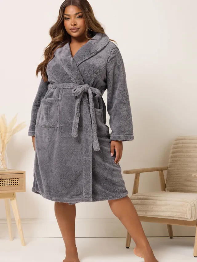 Yours Grijze Sjaalkraag Fluffy Kamerjas-56 Grey