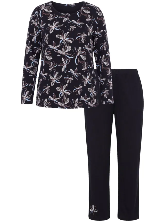 Ulla Popken Dames - Pyjama bloemenprint Henley-hals lange mouwen - Zwart - Maat 50+