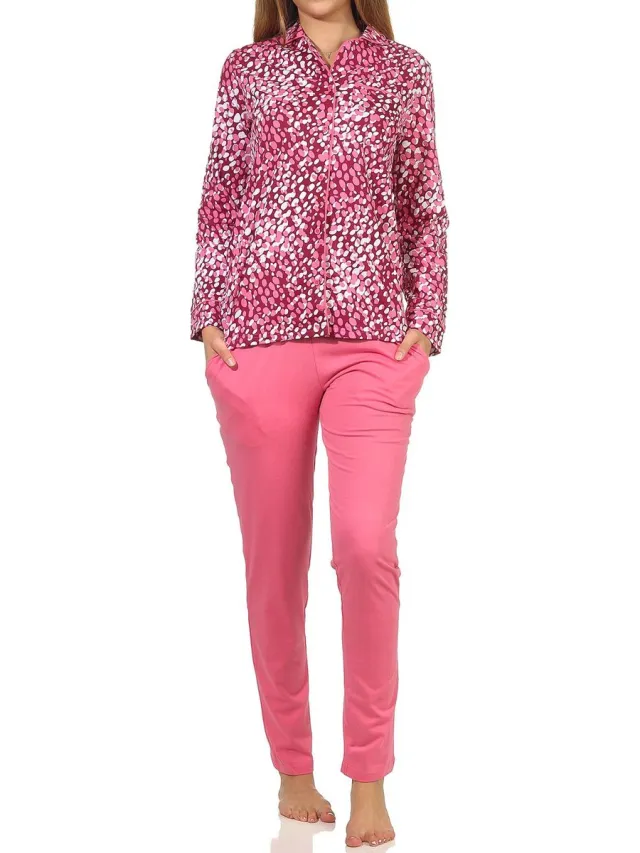 Normann Elegante damespyjama met lange mouwen om door te knopen in polka dot look beere