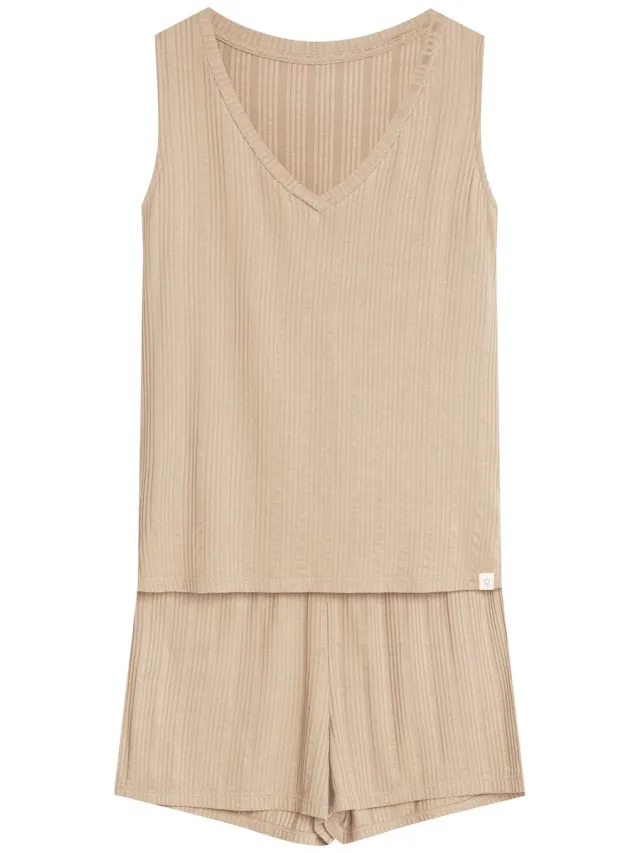 ESOTIQ Jenius 3 - Damespyjamaset - Mouwloos - Lichtbeige