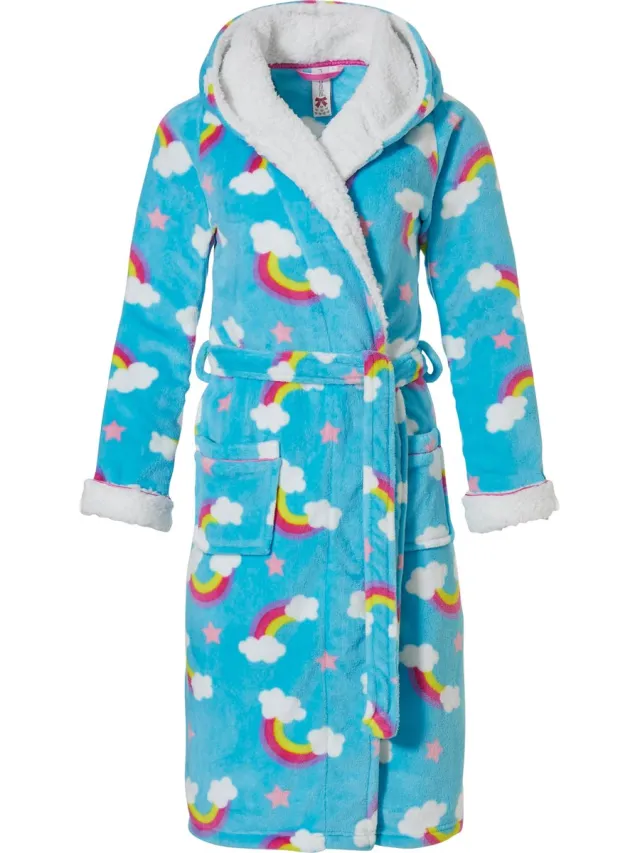 Rebelle Badjas kind regenboogjes - gevoerde capuchon - fleece - kinderbadjas - super zacht & warm blauw