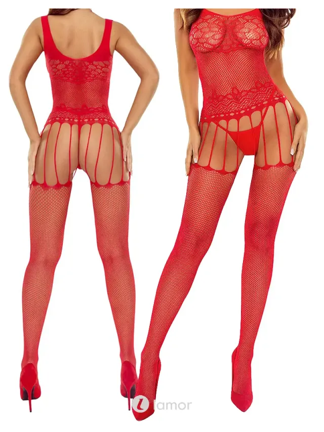 Passion Rode bodystocking ouvert mesh, BS119