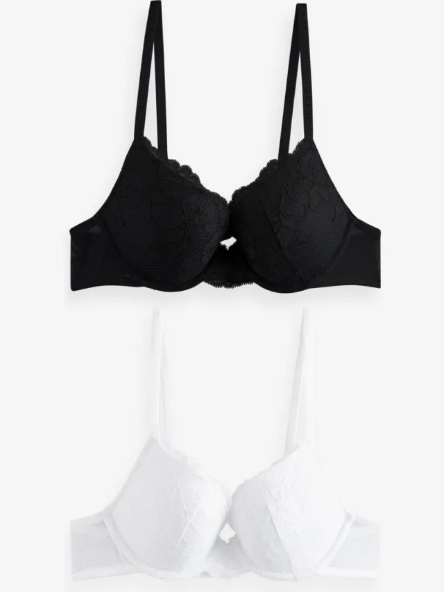 Next Dames - Set van 2 push-up beha's met lage decolleté en kant - Zwart Black/White