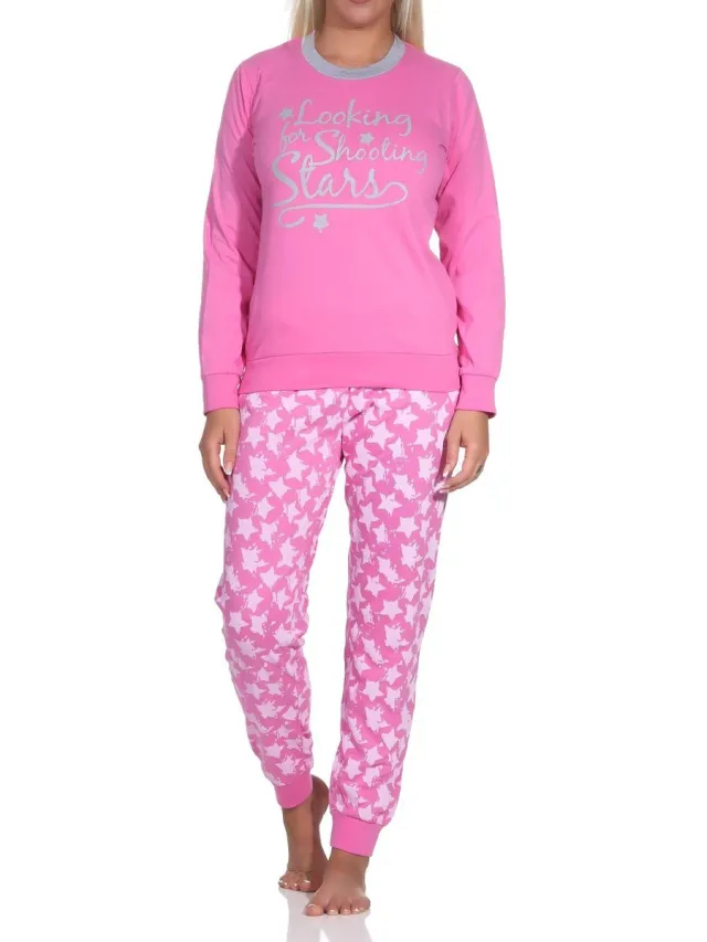 Normann damespyjama met lange mouwen en manchetten in een mooie sterrenlook rosa